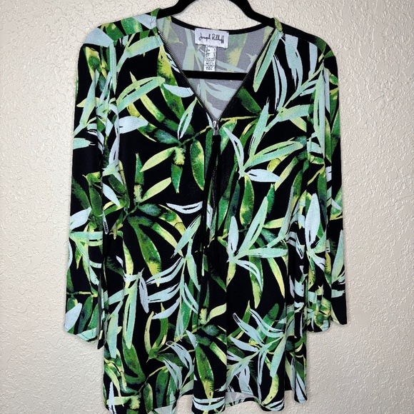Joseph Ribkoff Green Tropical Print Modern V-Neck Tunic Top Women's Size 14 - Picture 1 of 12